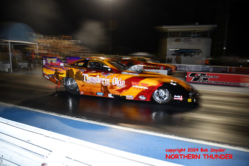 Bob Alberty Jr. - 'Thunderin' Okie' 
(near lane) vs Chris Schneider - 'Brutus' (far lane)